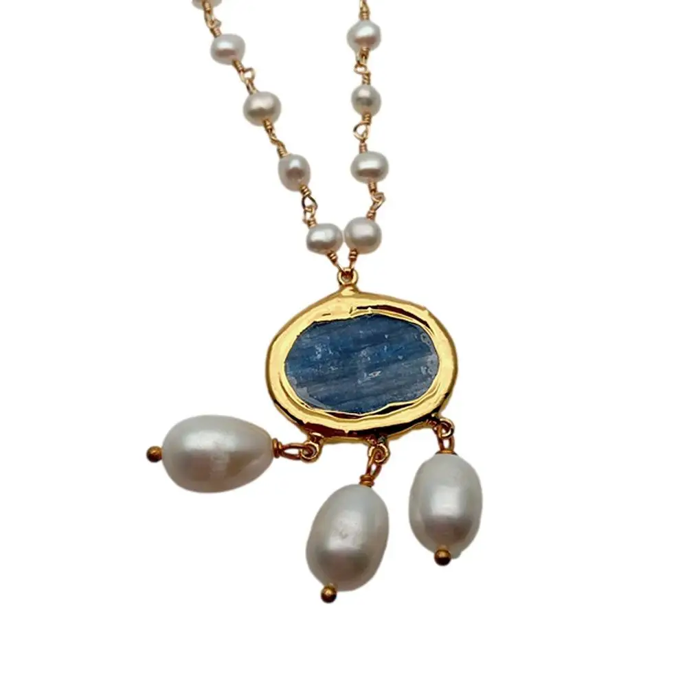 Pendant necklace Silver necklace Natural Cultured White freshwater Pearl Rosary Chain Necklace Blue Kyanite Rice Pearl Pendant 18"