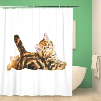 

Bathroom Shower Curtain Fluffy Scottish Fold Kitten Portrait Painting Pets on Watercolor Polyester Fabric Waterproof Bath