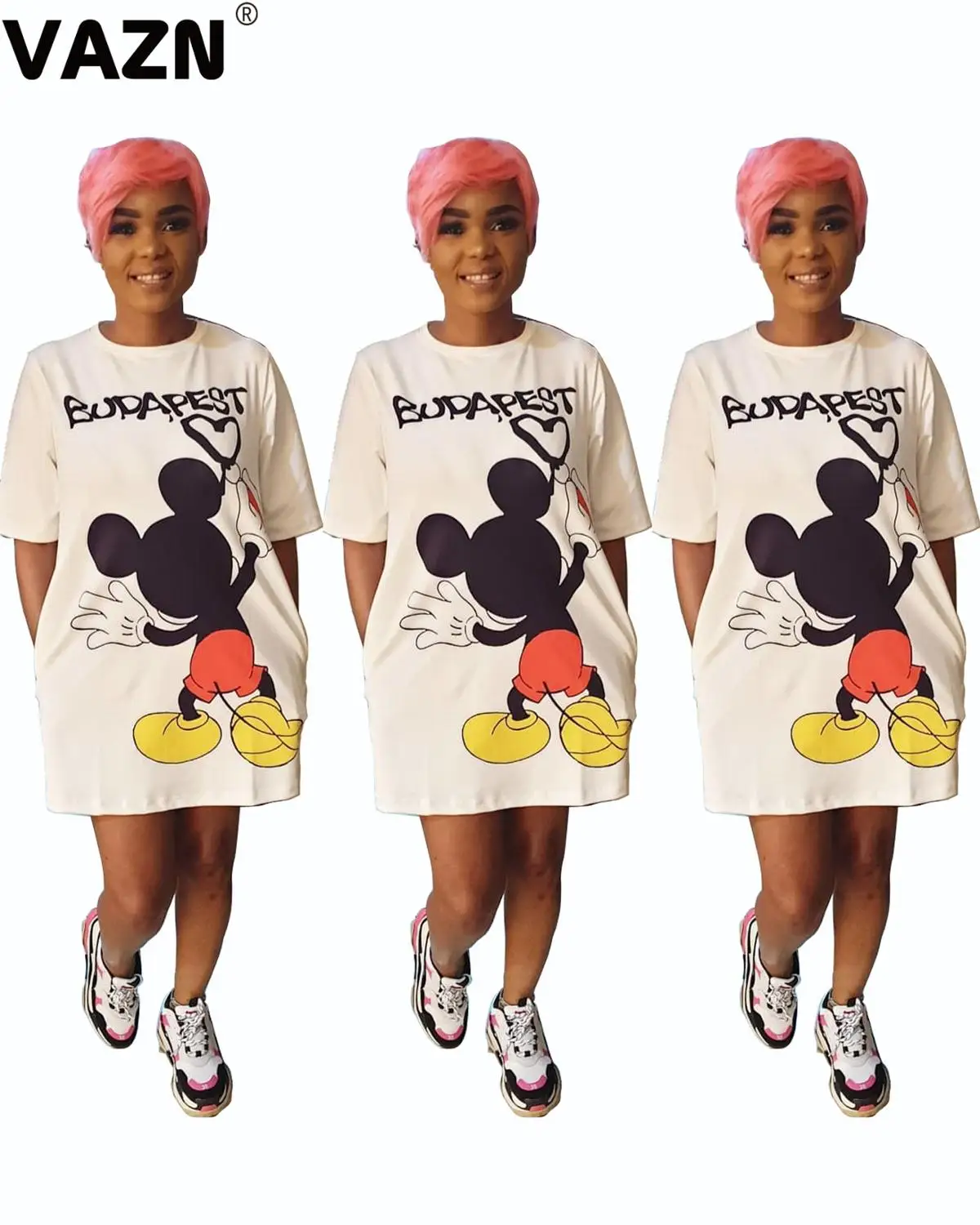 

VAZN BM7004 Sexy Print Casual Bandage Short Sleeve Short Dress 2019 Women Beach Style Long High Street Short T Shirt Dress