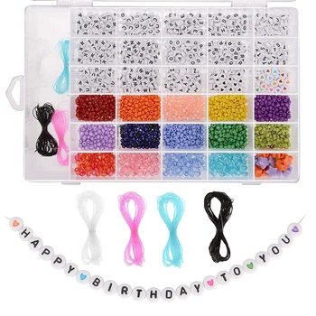 

Beads for Bracelets - Complete DIY Jewelry Making Kit with Colorful Glass Beads, Acrylic Letter Beads, and Elastic Bracelet Stri