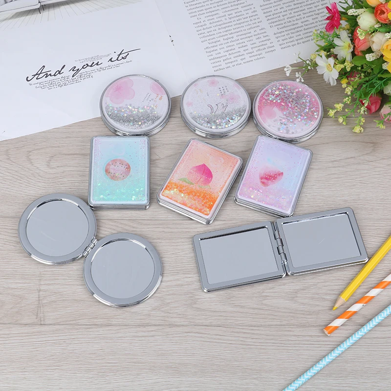 Portable Double-Sided Folding Cosmetic Mirror Mini Makeup Mirror Compact Pocket Mirror With Flowing Sparkling Sand Female Gifts