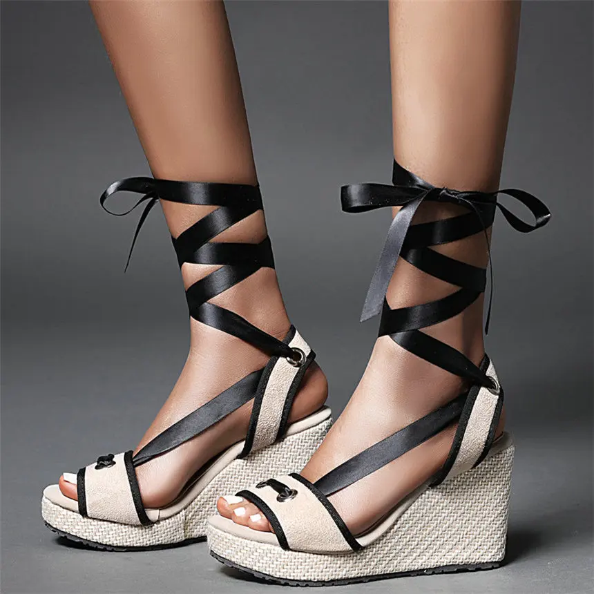 

Women Canvas Platform Wedges High Heel Gladiator Sandals Female Lace Up Strappy Round Toe Summer Party Pumps Shoes Casual Shoes