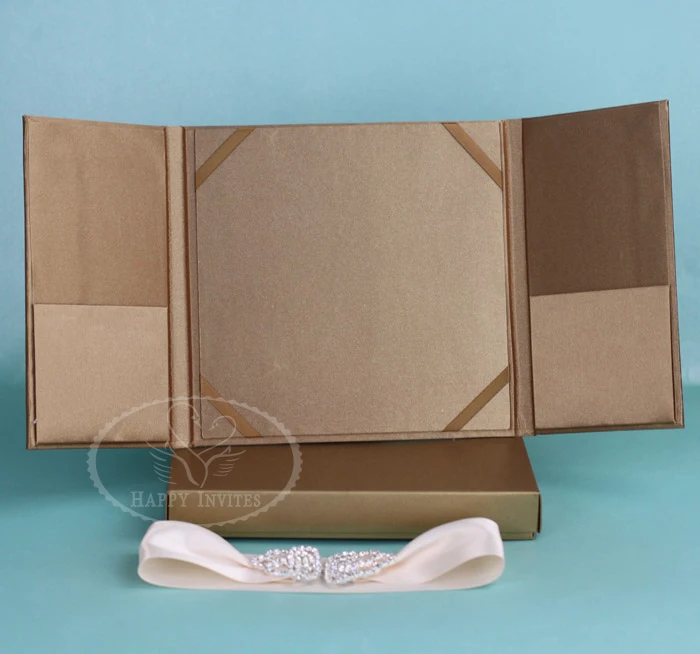 HI2003-62 Custom Brown Silk Wedding Invitation with Gold Foling & Pink Ribbon & Silver Buckle & Brown Paper Box More Colors Optional Factory Price