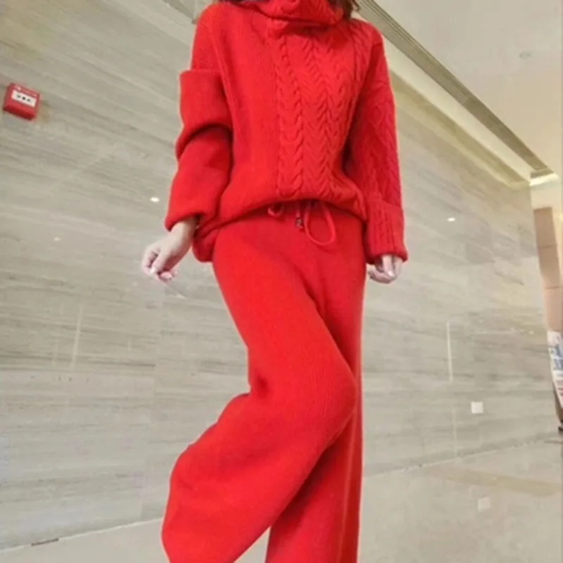Женский костюм стиль зимний свитер набор Конопляный узор водолазка свитер модные широкие брюки костюм из двух предметов