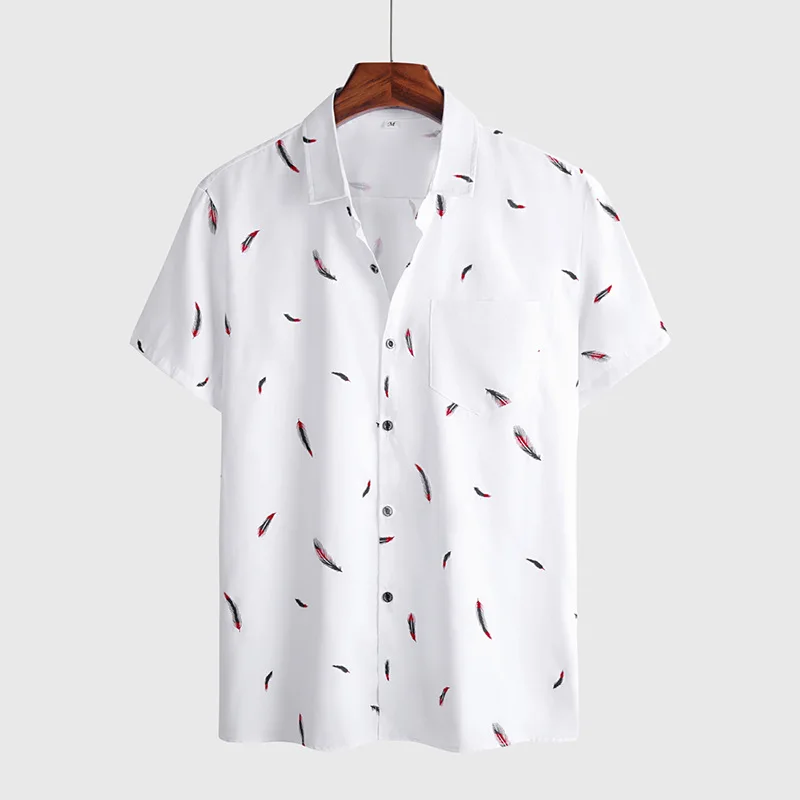 Summer Feather print Men Shirt Short Sleeve white Casual Beach Hawaiian shirts for men Streetwear Camisa para hombre Eu Size Summer Feather print Men Shirt Short Sleeve white Casual Beach Hawaiian shirts for men Streetwear Camisa para hombre Eu Size