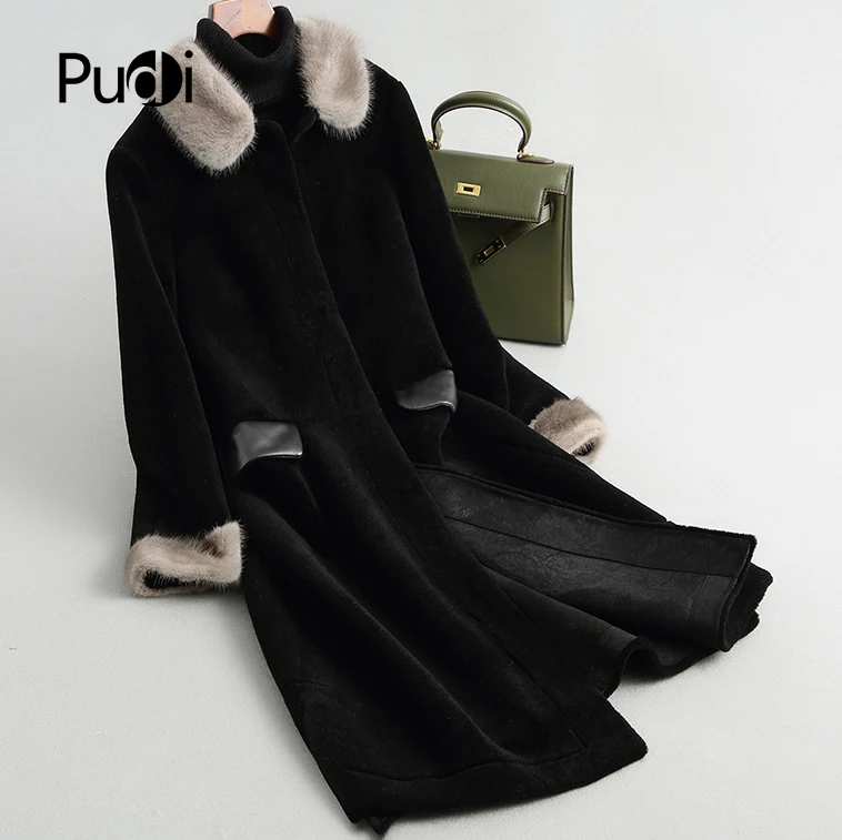 

Aorice women's winter real wool fur coat with real mink fur collar girl lady female Long warm fur coats jackets overcoats A68288