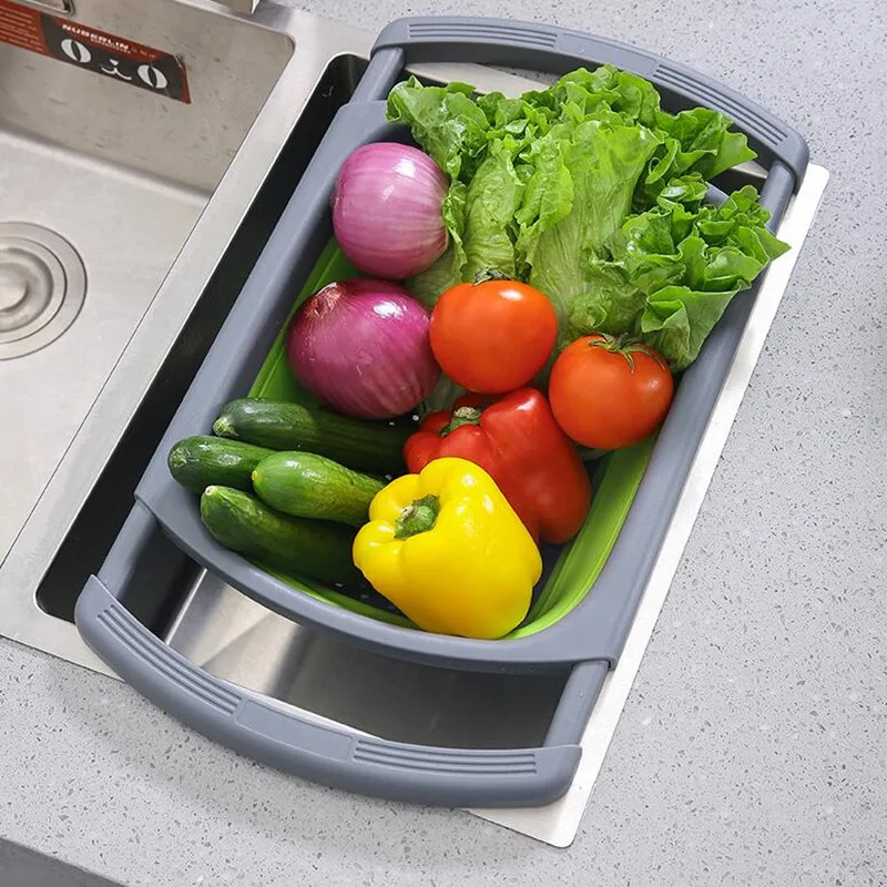Folding Drain Basket Retractable Fruit Basket Storage Fruit Basket Silicone Folding Washing Basket Draining Sink Box TX-350BY