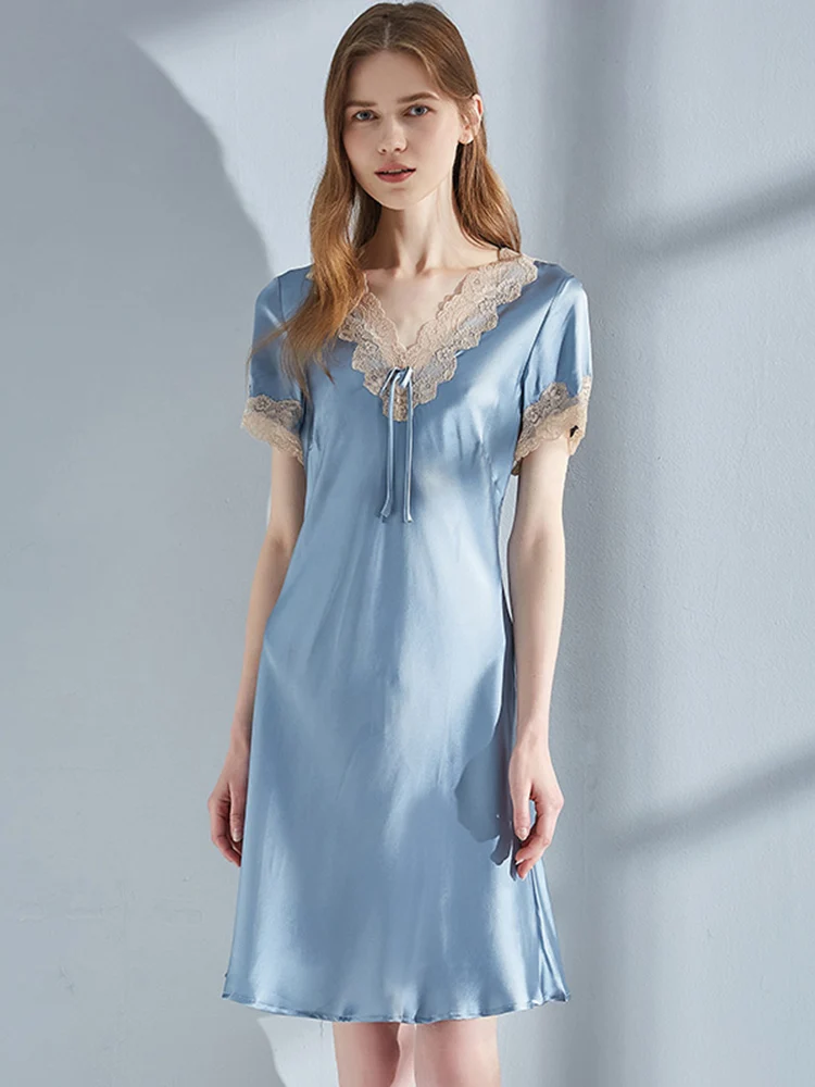 

2022 Summer New Women Nightgown 100% Natural Silk Luxury Sleepwear Homedress Female Pure Silk Bedgown Lace Night Skirt for Women