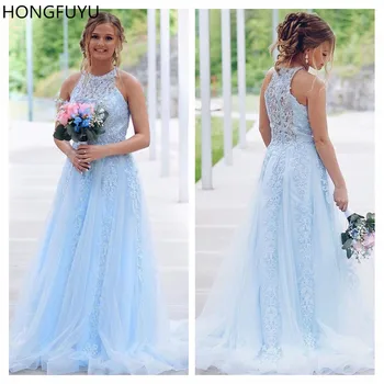 

HONGFUYU Appliques Sky Blue O-Neck Prom Dresses 2020 A-line Sleeveless Women's Party Evening Dress with Tulle Sweep Train