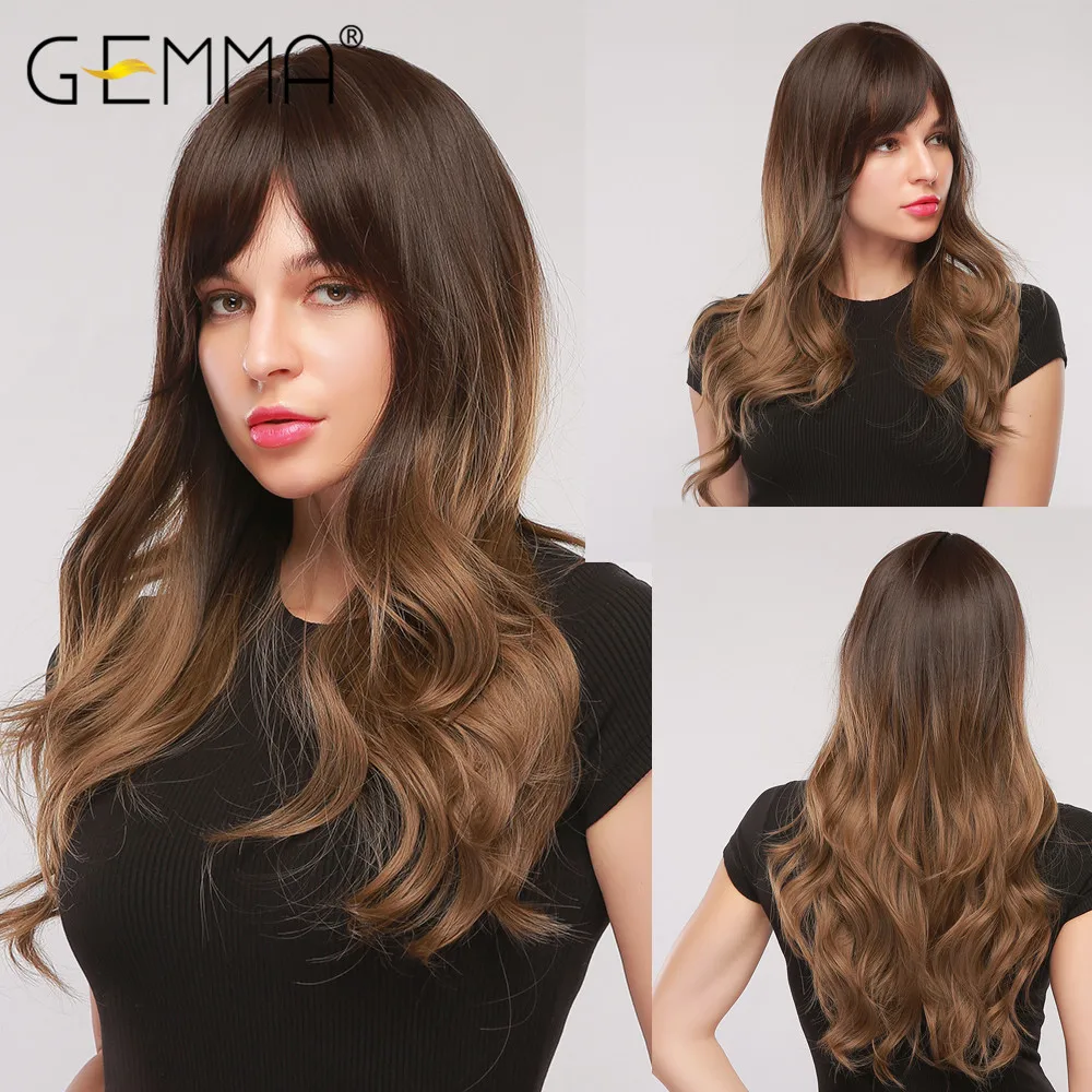 GEMMA largo ondulado pelucas con flequillo negro marrón Ombre sintético resistente al calor pelucas para mujeres chicas fiesta Cosplay diario falso pelo