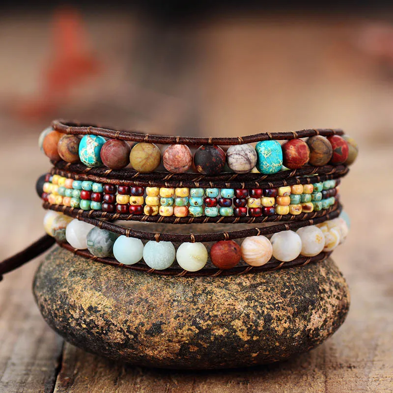 New Vintage Wrap Bracelets W/ Frosted Stone Beaded Triple Statement Bracelet Bijoux Femme Bohemian Beads Jewelry