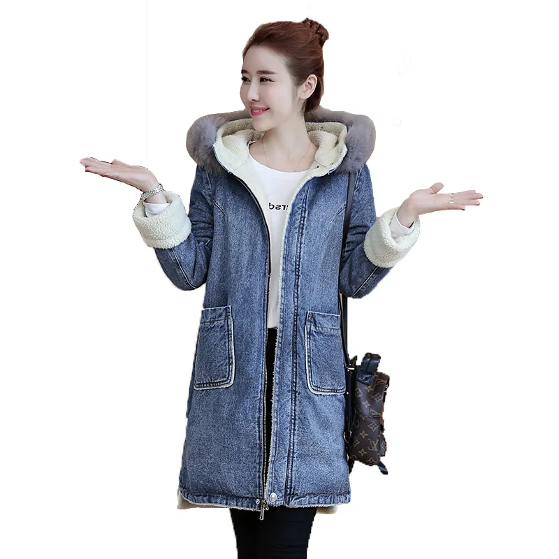 price cut Winter Warm women Long denim coat Ladies Casual Loose Fur collar thick cashmere Denim Jacket Hardy