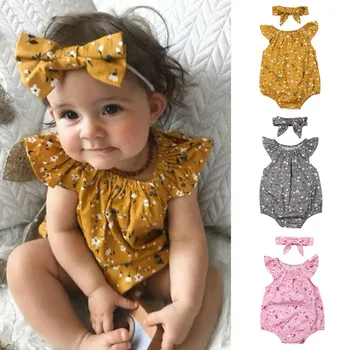 

2020 Baby Girl Clothing Summer Newborn Infant Baby Girl Clothes Sleeveless Floral Bodysuit Headband Jumpsuit Playsuit Outfits