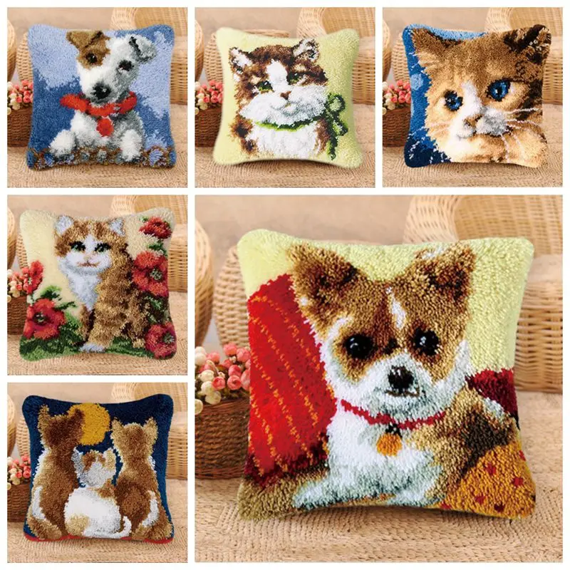 

Latch Hook Pillow Cat and Dog Smyrna European and American Style Latch Hook Cute Animal Series Latch Hook Kit DIY Package Pillow