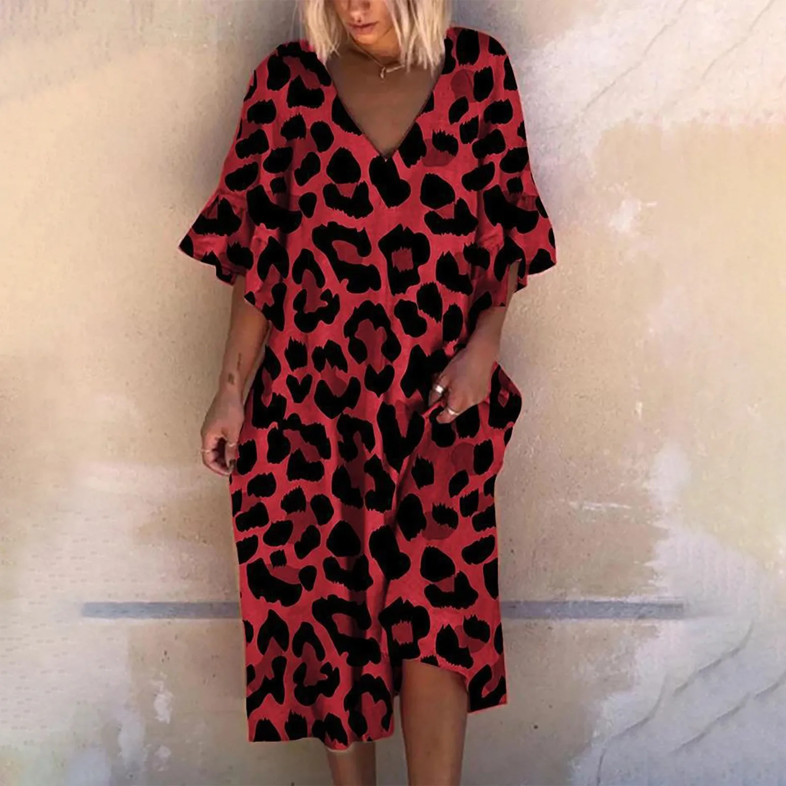 Temperament Retro Leopard Print Fashion Short Sleeve Dress High Waist Long Dress Lady Loose V-neck Printed Cotton Vestido Mujer 1