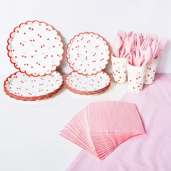 

Paper Plate Dish Napkins Cup Cherry Tableware Set Party Supplies for Wedding Birthday Baby Shower Decoration