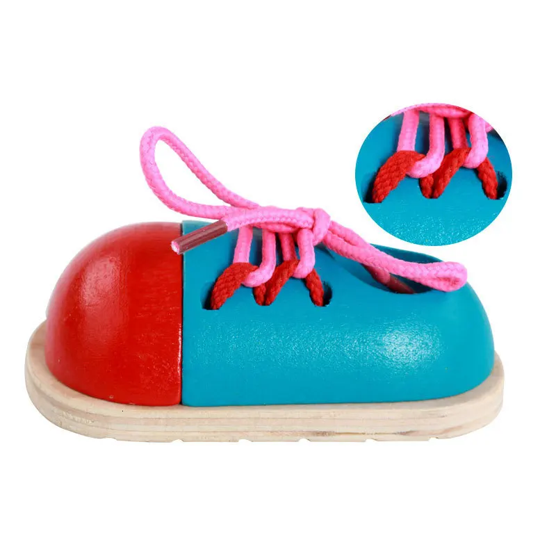 1 Pcs Kids Montessori Learning Educational Toys Children Wooden Toys Toddler Lacing Shoes Early Montessori Teaching Aids