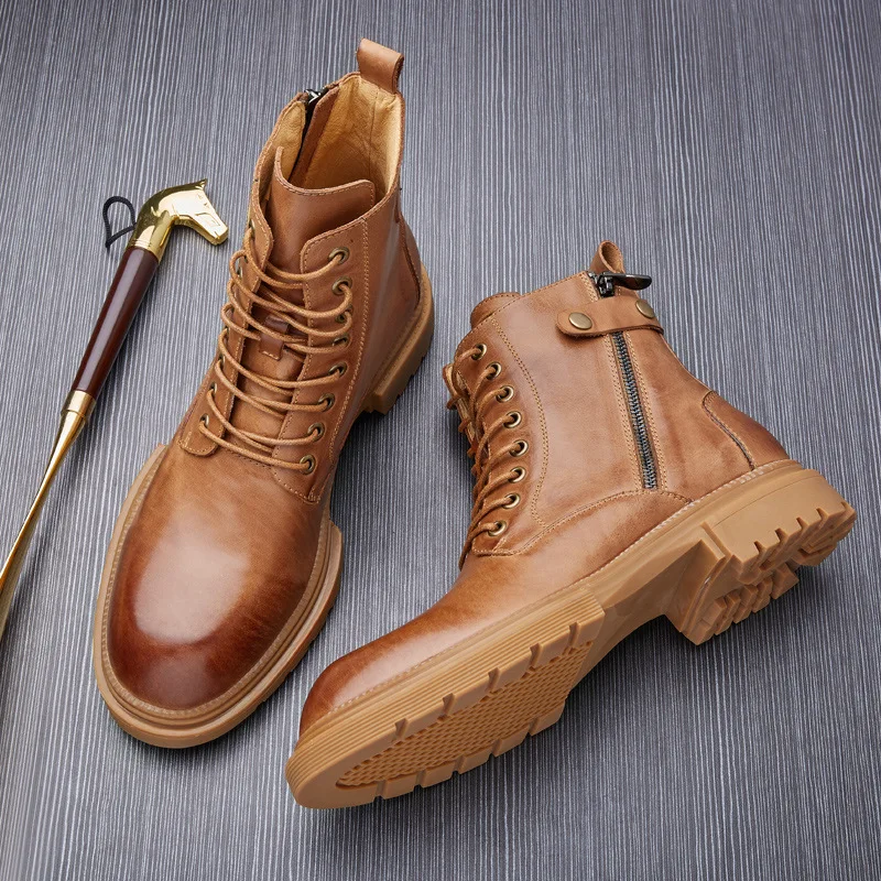 

2021ss High Street Brand British Style Vintage Genuine Leather Boots Plush Warm Boots Streetwear Men Shoes Male Sneakers