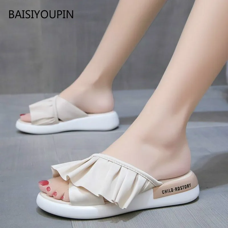 

Fashion New Women Slippers Summer Shoes Outside Solid Shallow Sweet Flat with 3cm Platform Ladies Casual Student Female Slides