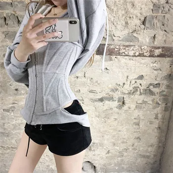 

SHENPALAE 2020 New Fashion Spring Style Hoodies Was Thin Hooded Long-sleeved Straps Waist Gray Swea Solid Color Women ZA2807
