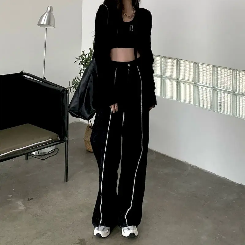 Women Wide-leg Pants Thin High-waist Vertical Line Female Trousers Straight-leg Sports Harajuku Casual Jeans Skateboard Loose