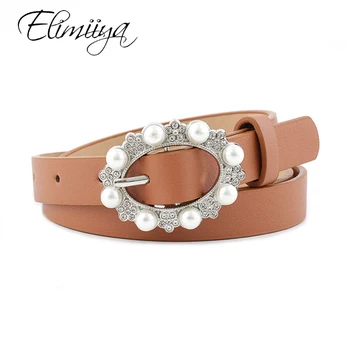 

Elimiiya Brand Designer Pearl Luxury Belt Women Female Pin Buckle Leather Wild Belts Strap waistband Waistbelt ceinture femme