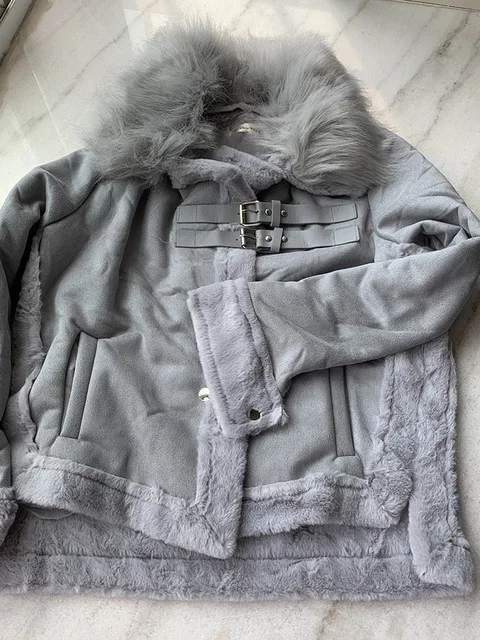 Женские кожаные куртки, зимняя замшевая кожаная куртка, женская короткая байкерская куртка из овечьей шерсти, толстое теплое пальто из овечьей шерсти - Цвет: Gray