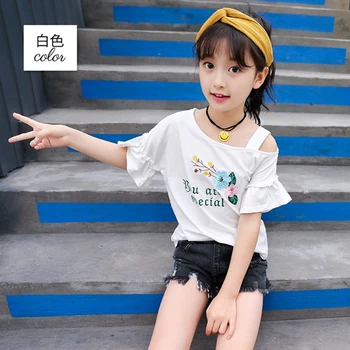 

Girls summer short-sleeved T-shirt irregular shoulder strap tops hand-embroidered clothes 6 to 10 years old young girl clothes
