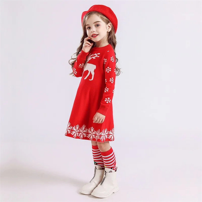 Осенне-зимнее рождественское платье с длинными рукавами для девочек; одежда с рисунком олень; Снежинка; рождественские вечерние платья для девочек; красные вязаные наряды принцессы