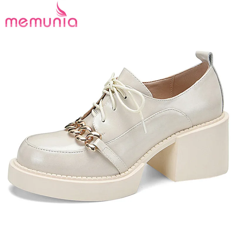 

MEMUNIA 2022 Single Shoes Women High Heels Genuine Leather Shoes Metal Decoration Lace Up Spring Casual Shoes Women Pumps