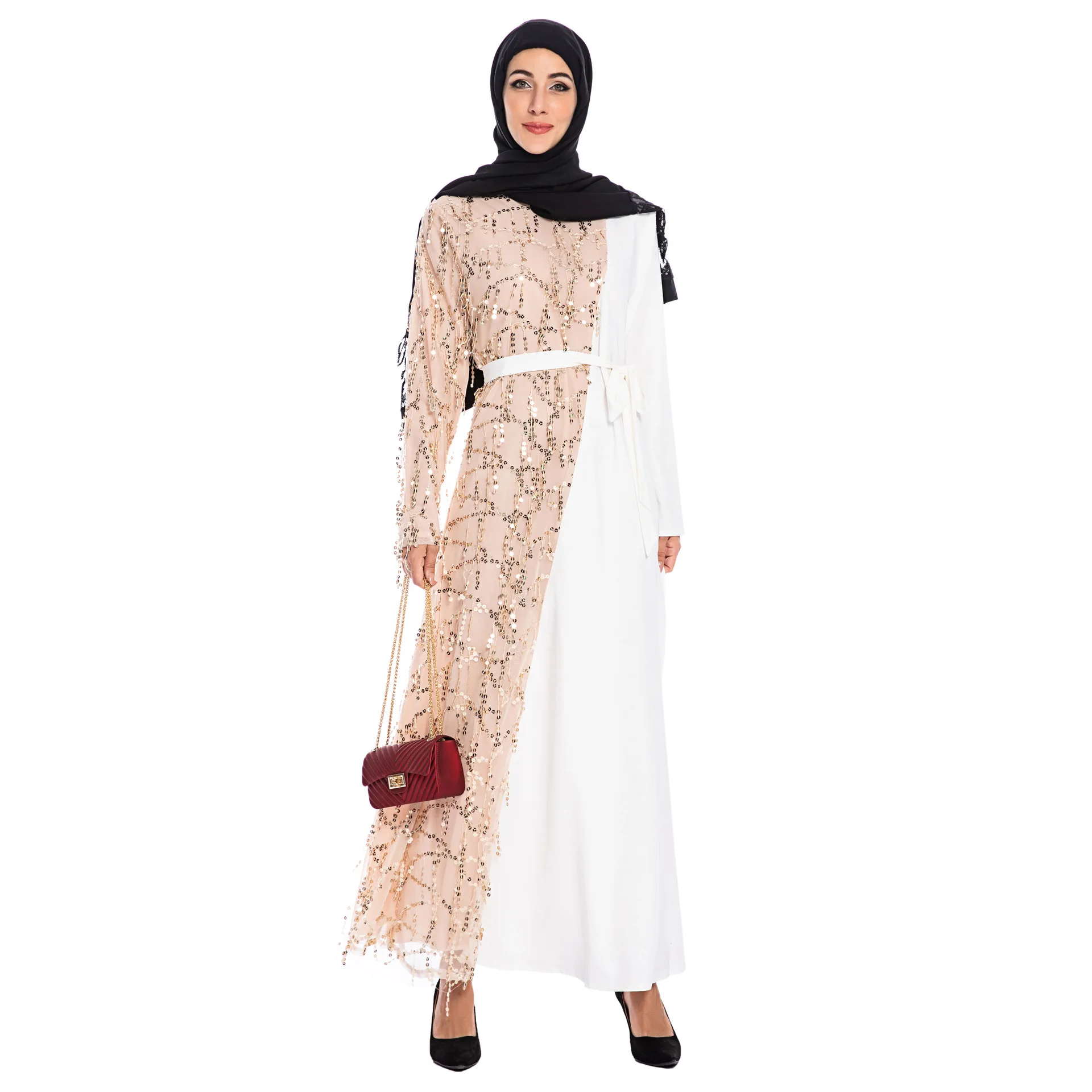 

long dress casual Autumn Sequined muslim dresses and abaya for women Middle Eastern Long Dress Bandage Gown 6168