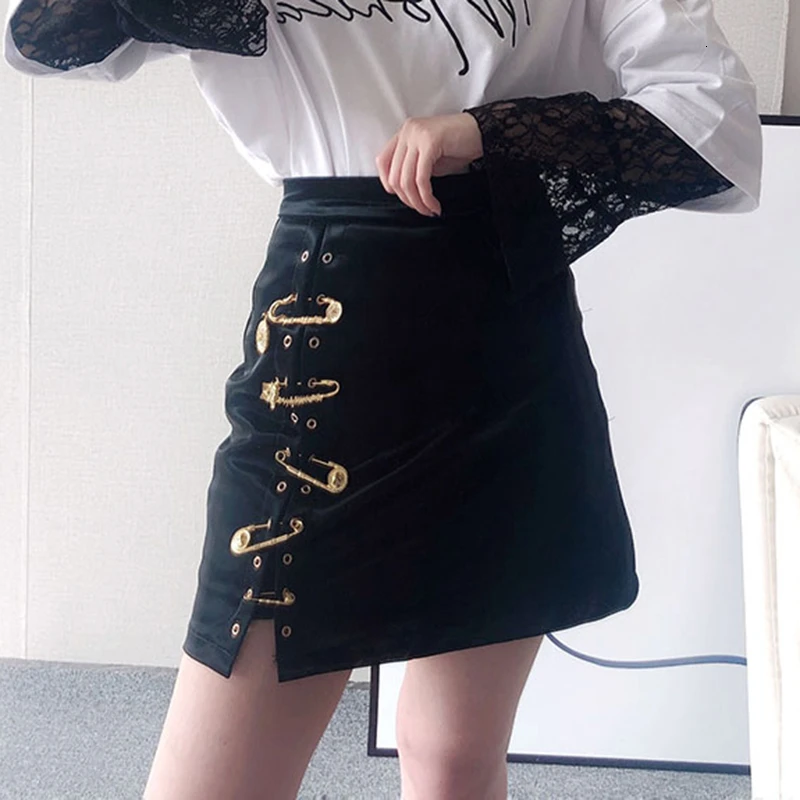 

Patchwork Pins Asymmetrical Women's Skirts High Waist PU Leather Casual Mini Skirt For Female 2019 Fashion Clothing