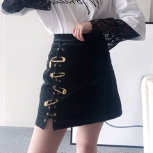 Patchwork Pins Asymmetrical Women's Skirts High Waist PU Leather Casual Mini Skirt For Female 2019 Fashion Clothing