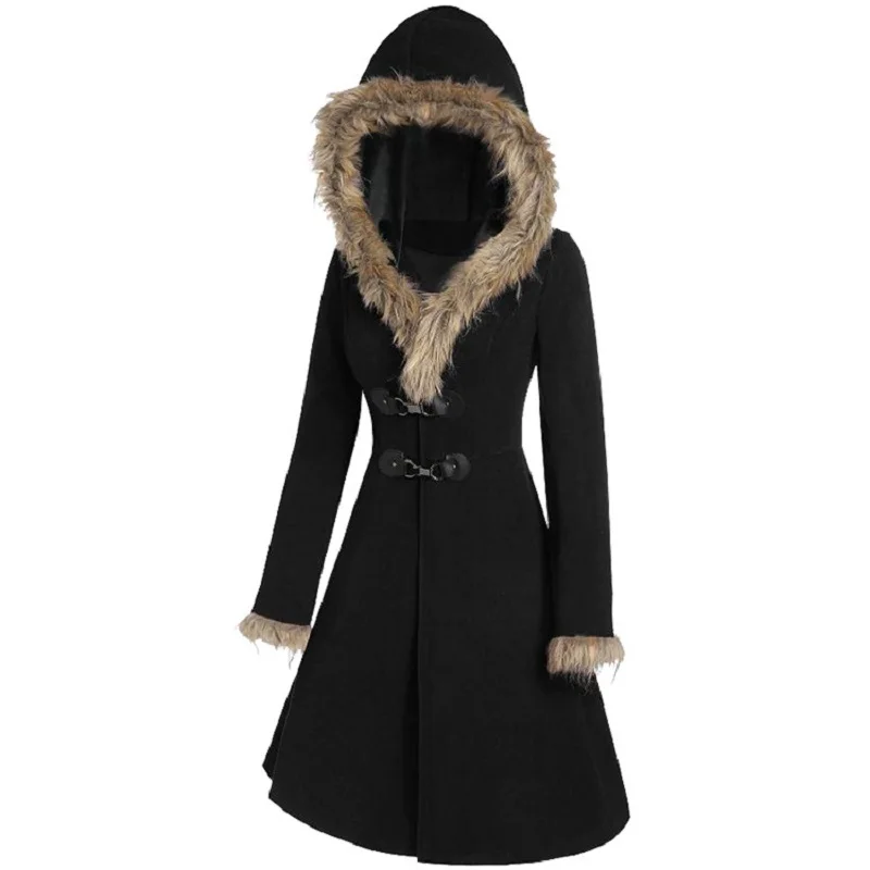 Women's Autumn And Winter Plaid Long Padded Jacket Hooded Fur Alloy Buckle Slim Woolen Women's Jacket down coats & jackets