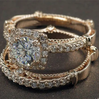 

Huitan Luxury Micro Paved 2PC Bridal Sets Golden Color Surprise Christmas Meaninful Gift For Girlfriend Wedding Accessories Ring