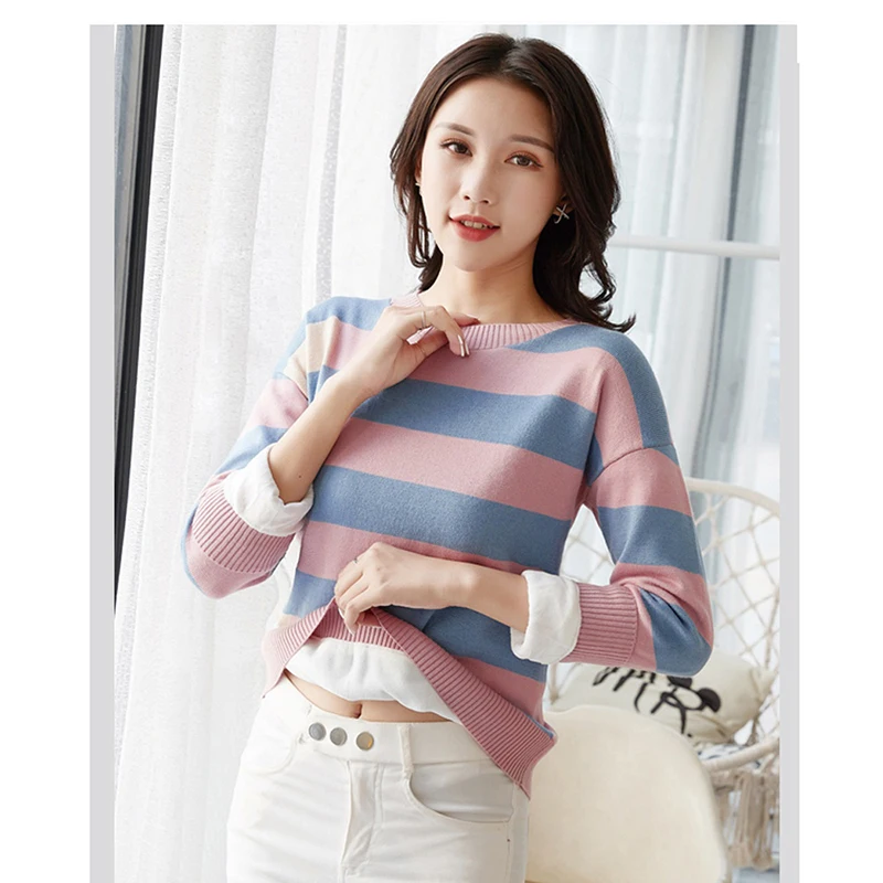 Autumn Winter Plus Velvet Thick Sweater Women, Loose Casual Bottoming Sweater, Pink Striped Turtleneck Top Womens Winter Coats Autumn Winter Plus Velvet Thick Sweater Women, Loose Casual Bottoming Sweater, Pink Striped Turtleneck Top Womens Winter Coats