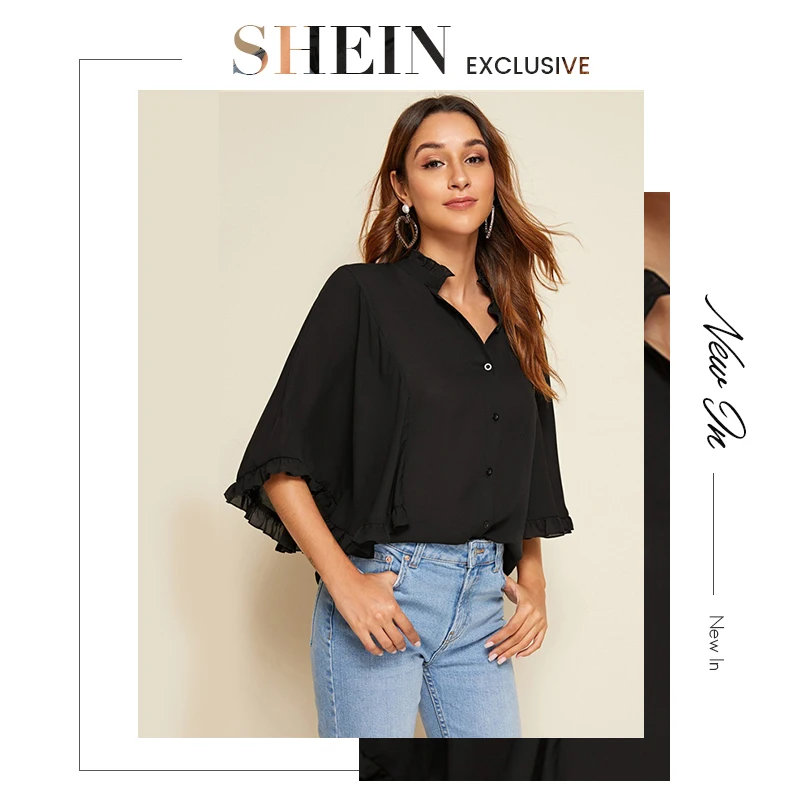 SHEIN черная оборка на пуговицах спереди плащ рукав Топ женская шифоновая блузка Осенняя однотонная Половина рукава повседневные топы и блузки