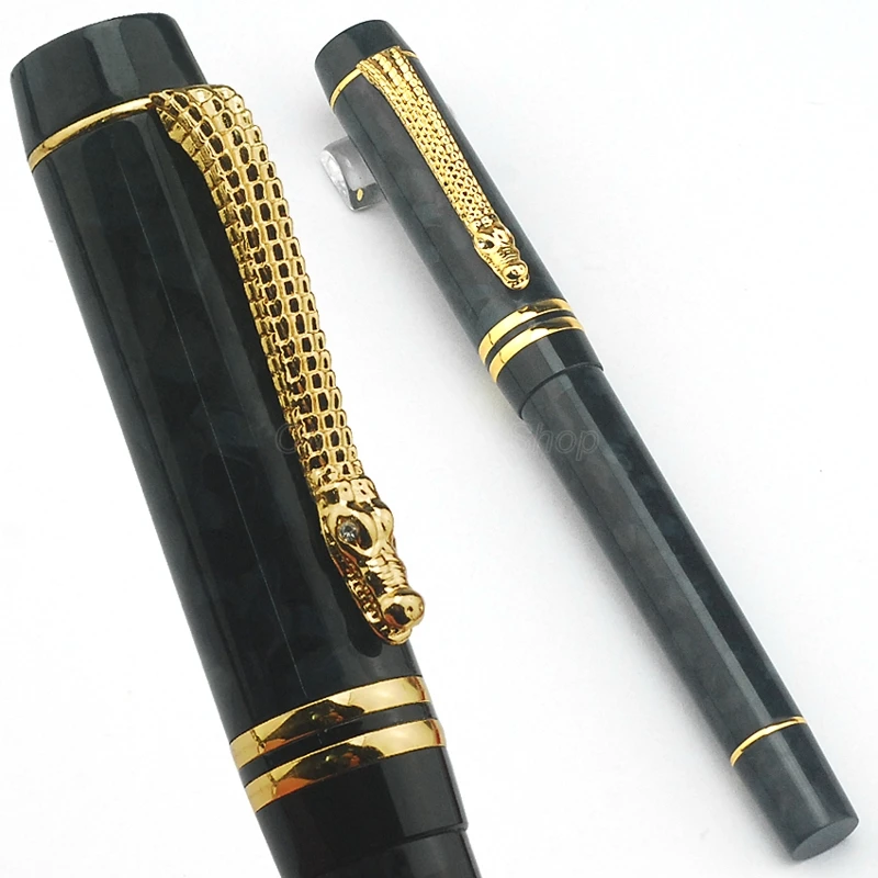 Caneta de Fonte Caneta de Tinta Crocodilo Celulóide Preto Médio 0.7mm Escrita Presente Clipe Dourado Caber Escritório - Casa Escola Nib 1 nib 0.7mm escrita caneta de tinta presente,