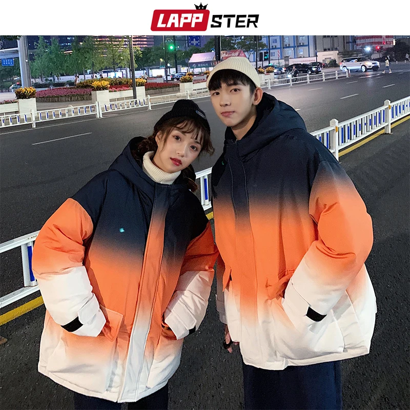 

Couple Gradient Streetwear Winter Jacket 2019 Parka Mens Warm Hip Hop Hooded Parkas Casual Men Korean Fashiosn Coat