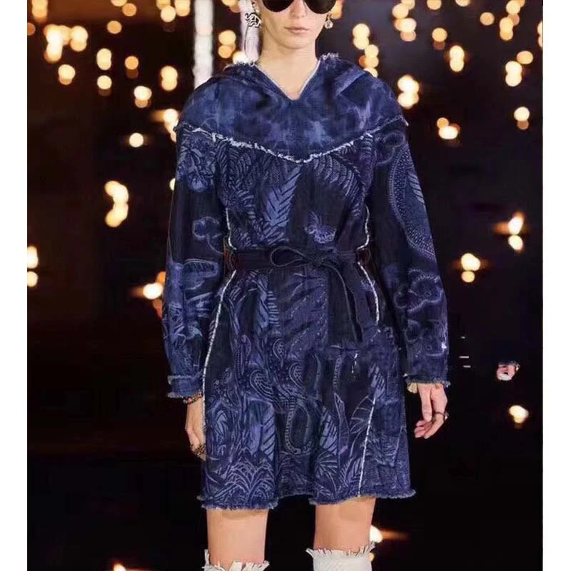 Denim Blue Cosmicchic Осень Зима Женское повседневное модное джинсовое платье с длинным рукавом с принтом Ковбойское короткое платье с капюшоном богемные вечерние платья - Цвет: Denim Blue