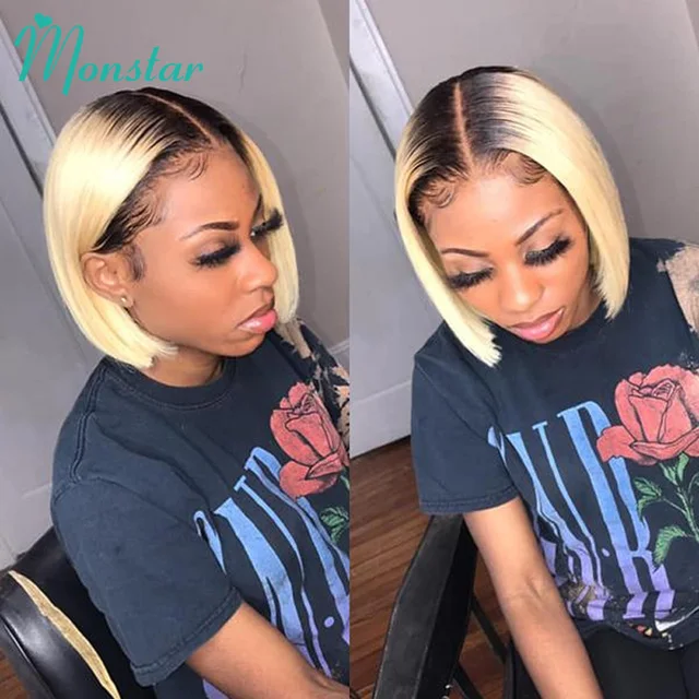 Perruque Bob Lace Front Wig 613 naturelle, cheveux humains, blond ombré 1B 613, 13x6, pour femmes africaines 1