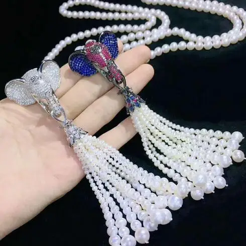 

free shipping Women's jewelry 8-9mm 75 15cm micro inlaid zircon elephant accessories white freshwater pearl tassels necklace