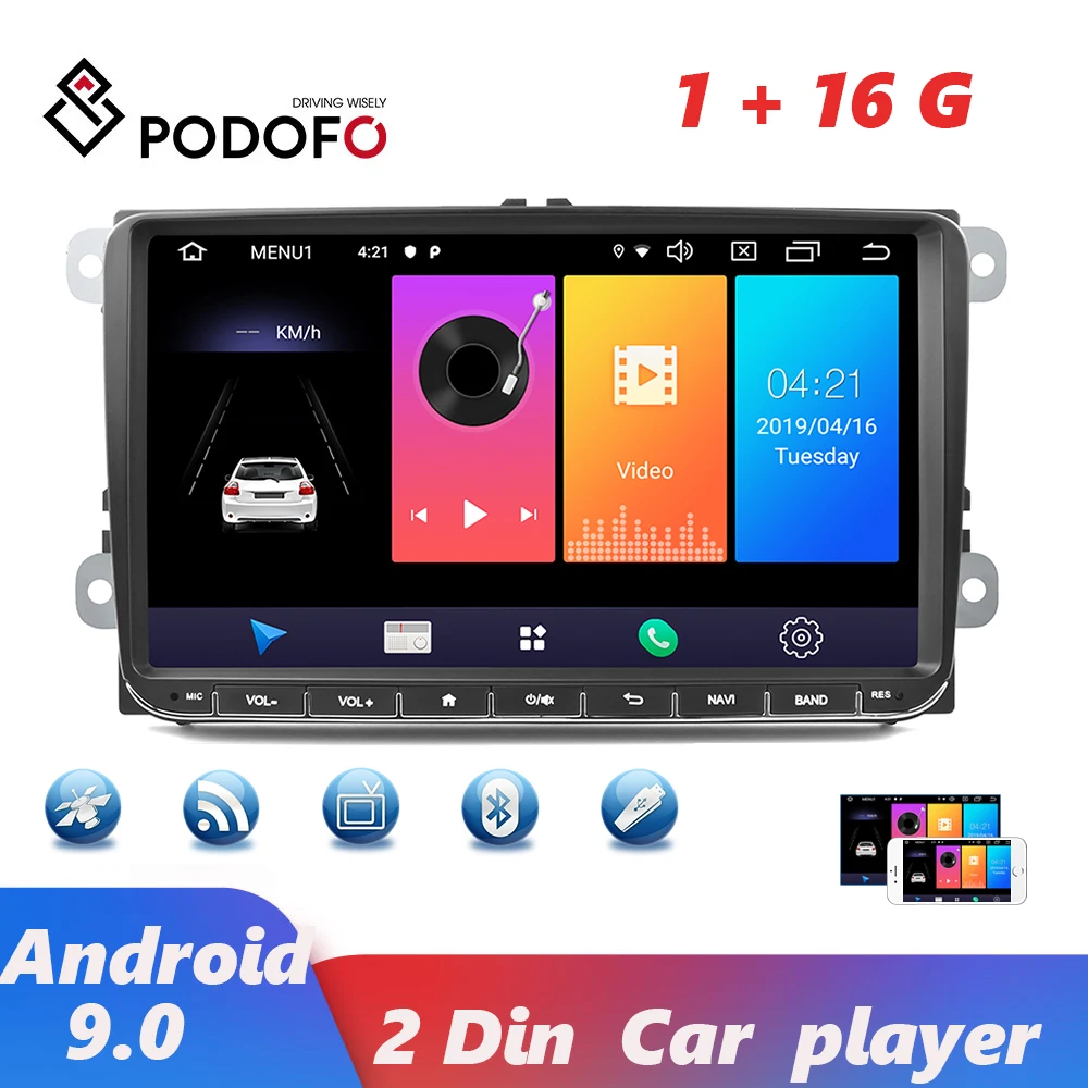 Podofo Double Din 9 Inch Car multimedia player Android 9.0 Radio GPS Navigation Bluetooth USB Touch Screen Stereo | Автомобили и