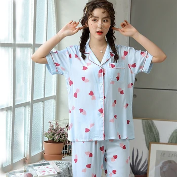 

JULY'S SONG Spring Summer Women Pajamas Set Cotton Love Printed Sleepwear Set Women V-neck Female Pyjamas Casual Homewear