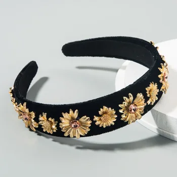 

Europe and America Luxury Diamond Set Flower Black and White with Pattern Velvet Cloth Hair Bands Baroque-Style Gold-Tone Little