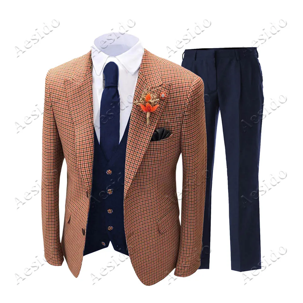 Aesido Повседневное Для Мужчин's костюмы в клетку шерстяное твидовое комплект из 3 предметов на выпускной смокинги; Блейзер, жилет, штаны для детей свадебные, для жениха костюм - Цвет: Orange