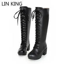 LIN KING/большой размер 48, теплые женские зимние высокие сапоги, на шнуровке, на толстом среднем каблуке, Botas, с круглым носком, сапоги для костюмированной вечеринки, облегающие сапоги для девушек