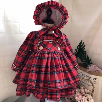 

vintage Spanish baby Girls Dress Autumn Winter red Kids plaid long sleeve for birthday ball gown dress