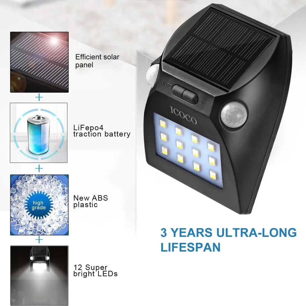 ICOCO 12LED Открытый датчик движения Солнечный свет широкоугольный дизайн с белым и красным цветом Регулируемая яркость 2 движения головки