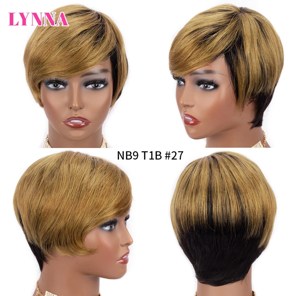 Short Pixie Cut Wig Cheap Human Hair Wigs Straight Bob Wigs With Bangs Full Machine Human Hair Wig for Black Women Black & Ombre